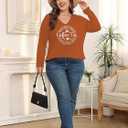 Plus Size Women Halloween Tee Shirt Pumpkin Face Long Sleeve Tee Tops Coffee Letter Print Gift T-Shirt (3X-Large, Orange-1w)