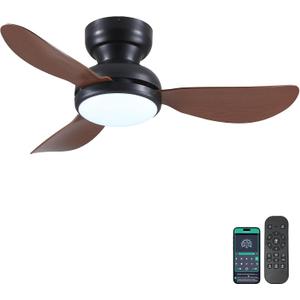 36 Inch Modern Ceiling Fans with Lights, Small Flush Mount Ceiling Fan with Light and Remote/APP Control, 3 Reversible 6 Speeds Curved Blades, 3 CCT Dimmable Lights for Bedroom, Brown