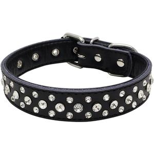 Rhinestones Dog Collar, Adjustable Sparkly Crystal Studded Genuine Leather Pet Dog Collar for Small and Medium Dogs (M, Black)