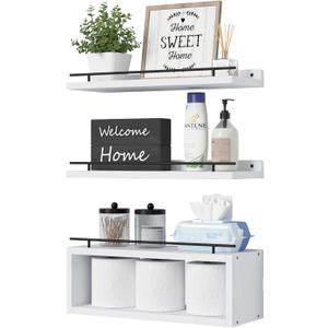 WOPITUES Floating Shelves for Wall With Cube Shelf, Metal Rail for Bathroom Decor, Organizers and Storage, Over Toilet Shelves, Toilet Paper - White (15.7 inch)