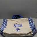 7 large tote bags, beige, blue straps, blue logo, pattern
