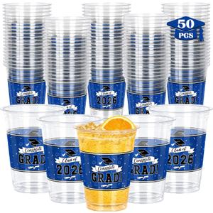 QZYL 50 PCS Graduation Cups, 14 OZ Blue Grad Decorations, Disposable Plastic Cup Bulk for Class of 2026 Congrats Grad, Grad Party Supplies Favors Tableware for Hot Cold Drinks High School College