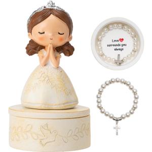 First Communion Gift Set for Girls - Resin Prayer Girl Figurine with Dove & Olive Branch Design, White Religious Keepsake Statue, Pearl Necklace Cross Pendant, Gift Box Set with Inspirational Message