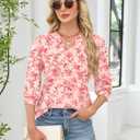 Rapbin 3/4 Length Sleeve Womens Tops 2025 Summer Fall Henley V Neck Button Down Tunic Shirts Casual Business Blouses (Medium, Beige Red Flower)