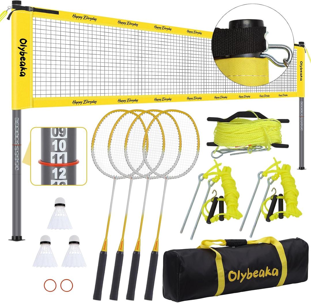 Portable Outdoor Badminton Net Set System for Backyard Lawn Beach, with Durable Net, 4 Carbon Aluminum Rackets, 3 Birdies and Carrying Bag