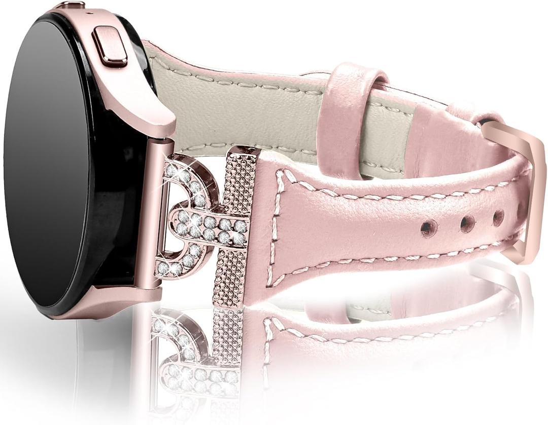 JOYOZY Genuine Leather Bands Compatible with Samsung Galaxy Watch 7/6/5/4/FE 40mm 44mm/Watch 5 Pro 45mm/Watch 6/4 Classic 42mm 46mm 43mm 47mm/Active2,Metal D-Shape Slim Leather 20mm Wristband Straps (Pink+Pink Buckle)