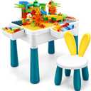 Kids Activity Table, 6-in-1 Play Table Chair Set - Adjustable Height, Storage Box, 105pcs Marble Run Building Blocks, Water & Sand Table Playset Toy Gift for Toddlers