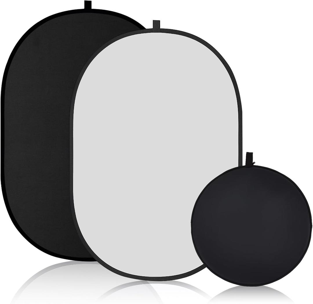 CroBlissful 53.3 ft(1.5mX1m) Collapsible Backdrop, Portable 2 in 1 Black and White Backgrounds with Carrying Bag, Reversible Collapsible Photography Reflector for Studio, Video & Live Streaming
