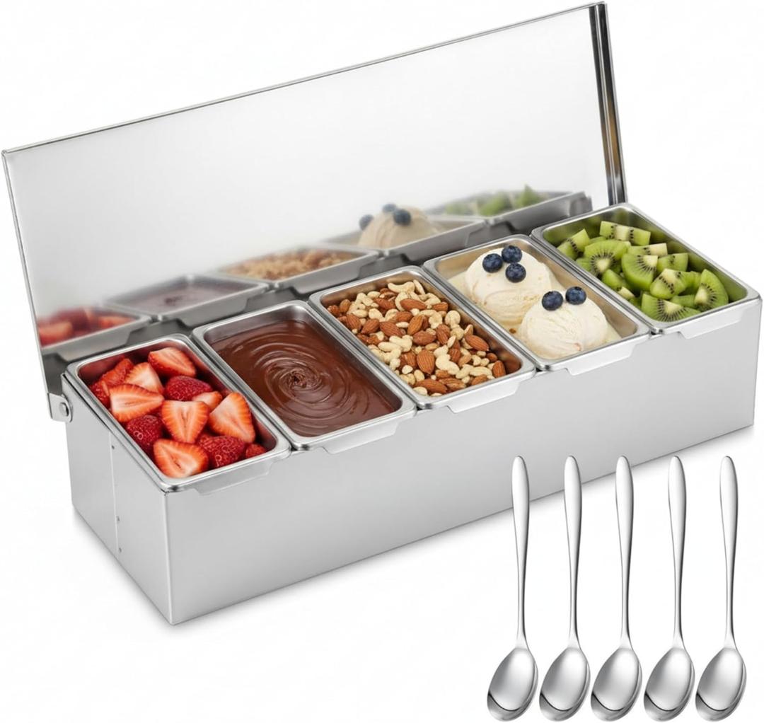 5 Compartments Stainless Steel Chilled Condiment Tray, Garnish Tray with 5 Removable Compartments, Condiment Dispenser with Lid, Fruit Serving Containers