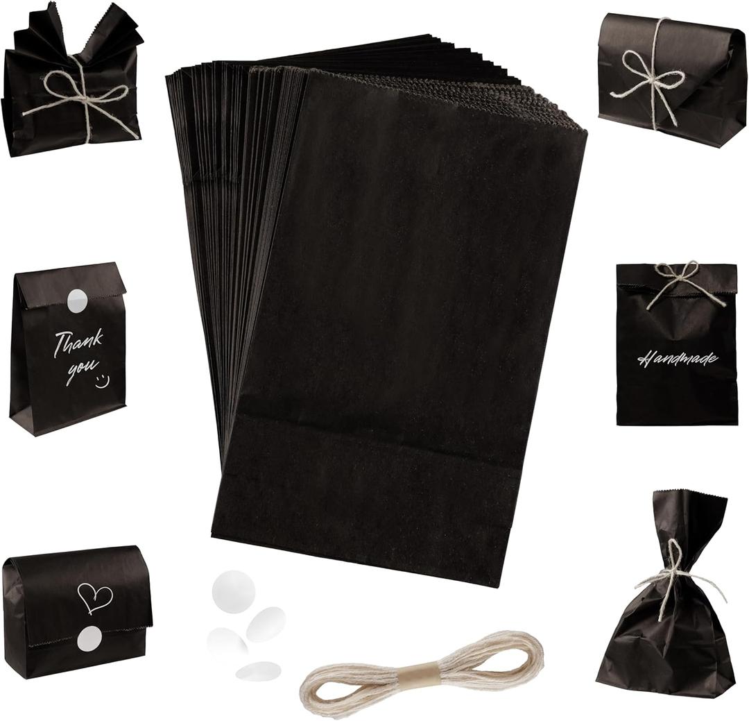 Creative Area 50Pcs Mini Customizable Black Paper Bags  5" x 2" x 8.25" Small Packaging for Soap, Wedding Gift, Crafts, Cookies, with 590 Inch Jute Ropes and 50 Stickers