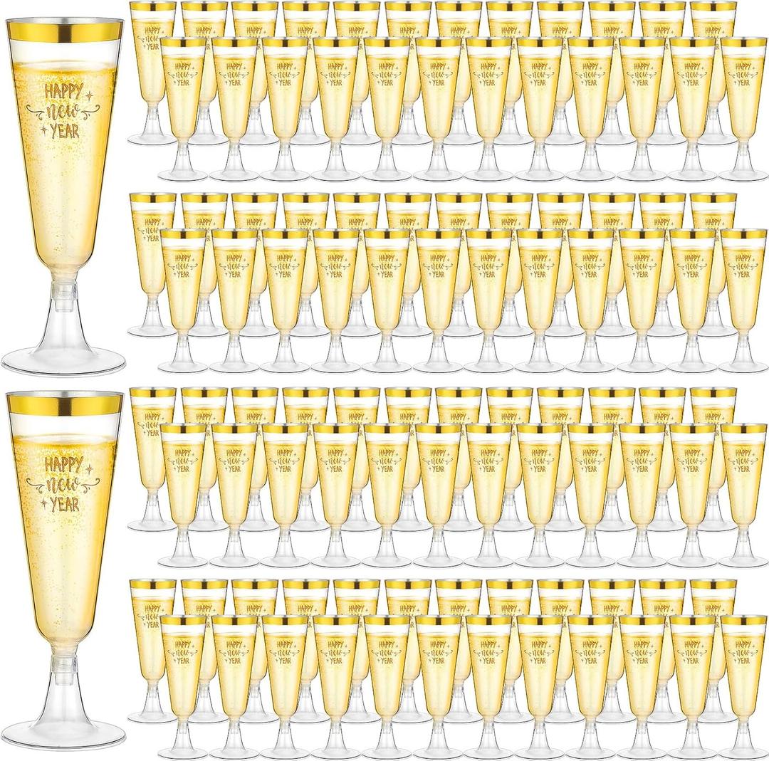 Zhehao 100 Pcs Plastic Gold Champagne Flutes Bulk 2026 New Years Eve Party Supplies 5 oz Disposable Wine Glass Gold Rim Champagne Glasses for New Years Eve Toasting Drinking Party