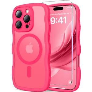 3 in 1 Magnetic for iPhone 16 Pro Max Case, 1X Screen Protector+1X Wrist Strap, Cute Wavy [Full Camera Protection][Fit for MagSafe], Trendy Matte Women Girls Case for iPhone 16 Pro Max 6.9", Hot Pink