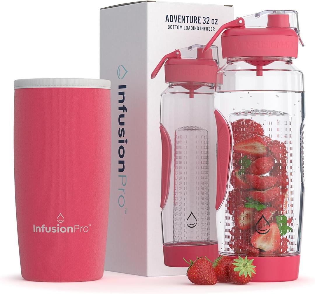 Infusion Pro 32 oz Fruit Infuser Water Bottle with Insulated Sleeve & 50 Recipe Fruit Infusion Water eBook : Bottom Loading, Large Water Infuser for More Flavor : Unique Gift Idea for Women (Tropic Paradise)