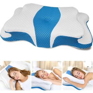 CHxxy Memory Foam Pillows, Cervical Pillow for Neck and Shoulder Pain Relief, Ergonomic Contour Bed Pillow, Soft for Side Sleep Stomach Sleeping and Back Sleeper-Queen Size, Blue