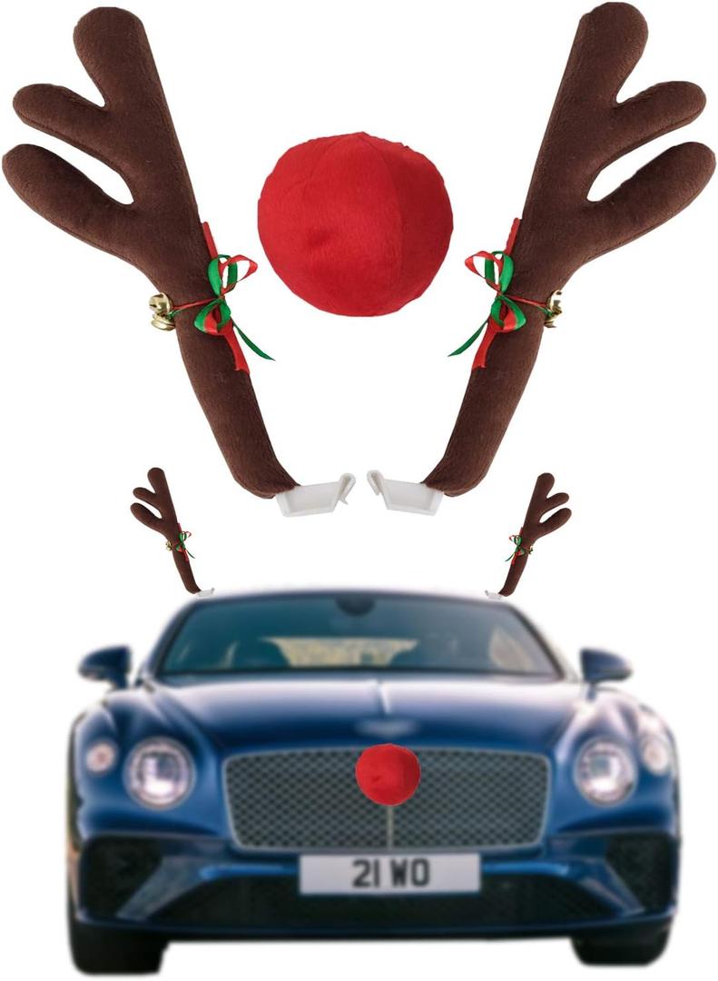 Car Reindeer Antlers & Nose - Window Roof-Top & Grille Rudolph Reindeer Jingle Bell Christmas Costume - Auto Accessories Decoration Kit Best for Car SUV Van Truck, Xmas Gift Set (Brown)