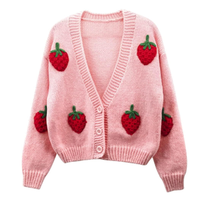 HOULENGS Women's Strawberry Print Button Down Long Sleeve V Neck Crop Cardigan Sweater M