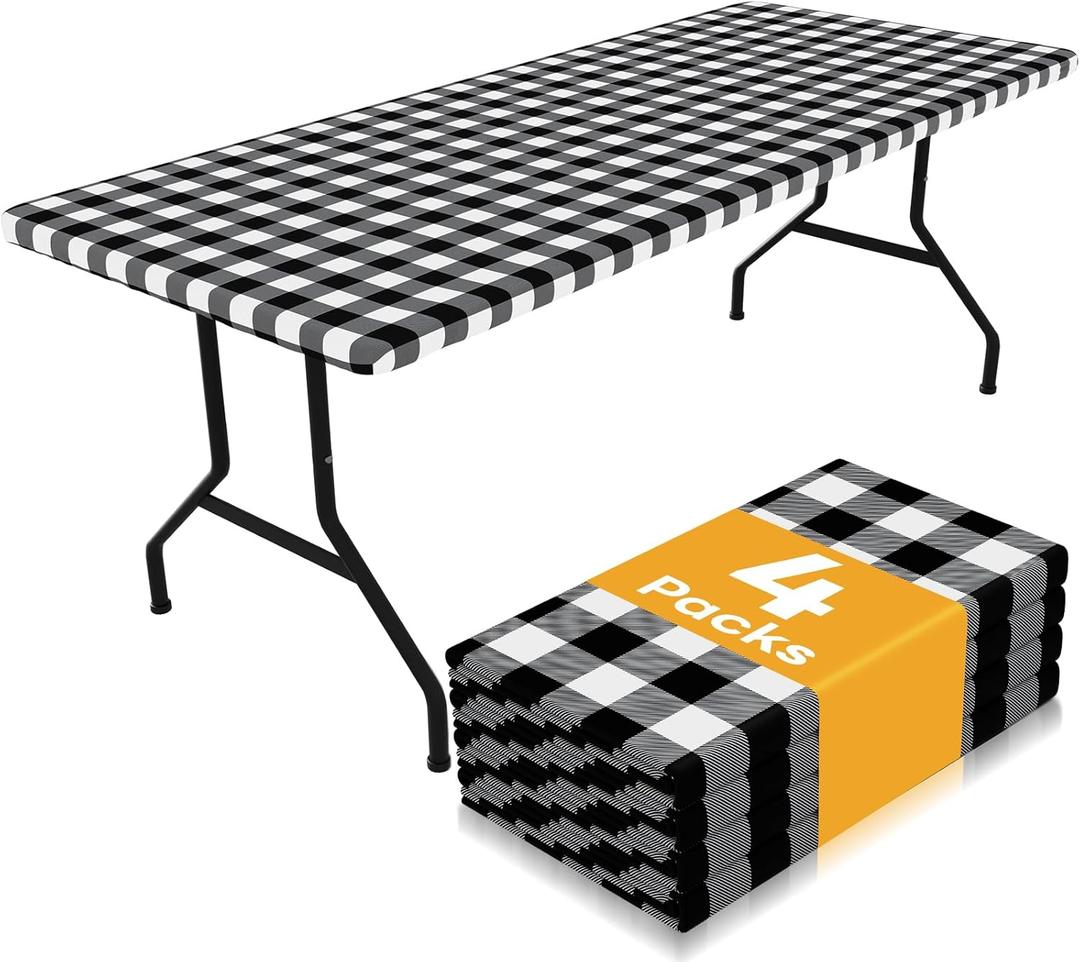 Smiry Picnic Table Cloth 4 Pack, Waterproof Elastic Fitted Tablecloths for 6FT Rectangle Tables, Washable Polyester Buffalo Plaid Tablecloth for Camping, Dining & Outdoor (Black & White, 30" x 72")