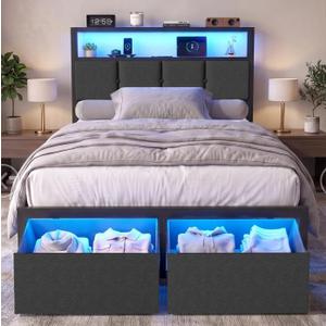 Twin Bed Frame with Storage Drawers, Charging Station and LED Lights, Upholstered Headboard with 2-Tier Shelves, Heavy Duty Metal Slats, No Box Spring Needed, Noise Free, Easy Assembly