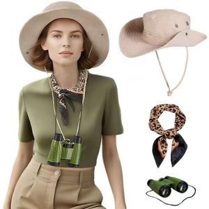 Safari Explorer Costume Beige Sun Hat with Leopard Print Scarf and Green Binoculars