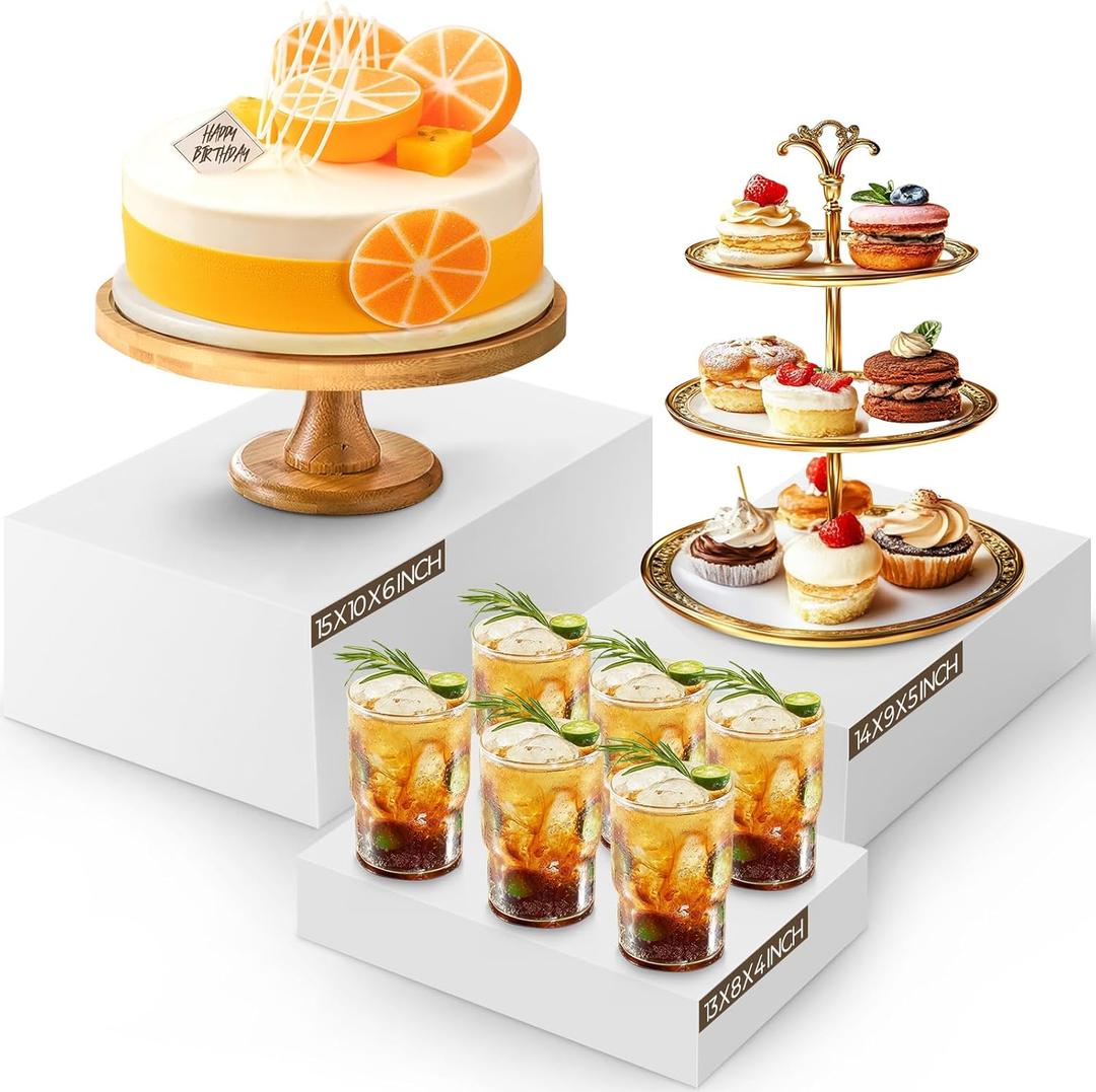 3 Pack Extra Large Acrylic Buffet Risers - 15, 14, 13 White Display Stands with Hollow Bottoms, Cube Riser Boxes Nesting for Dessert Food Catering Buffet Display Party Supplies