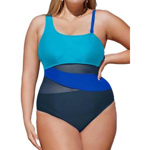CUPSHE Women's Plus Size Swimsuit One Piece Bathing Suit Mesh Removable Straps Swimwear (XX-Large Plus, Cyan/Black/Blue)