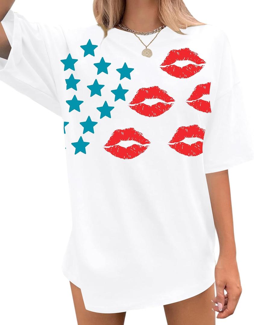 QLIPIN 4th of July Shirts USA Shirts Women American Flag T-Shirt Oversized Patriotic Stars Lips Graphic Tee (Medium)