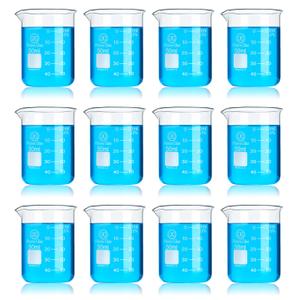 12pcs Glass Beakers Set, 50ml/1.7oz Lab Glassware Beaker Measuring Cups, Low Form 3.3 Borosilicate Glass Graduated Beaker for Science Chemistry Party Classroom Kitchen