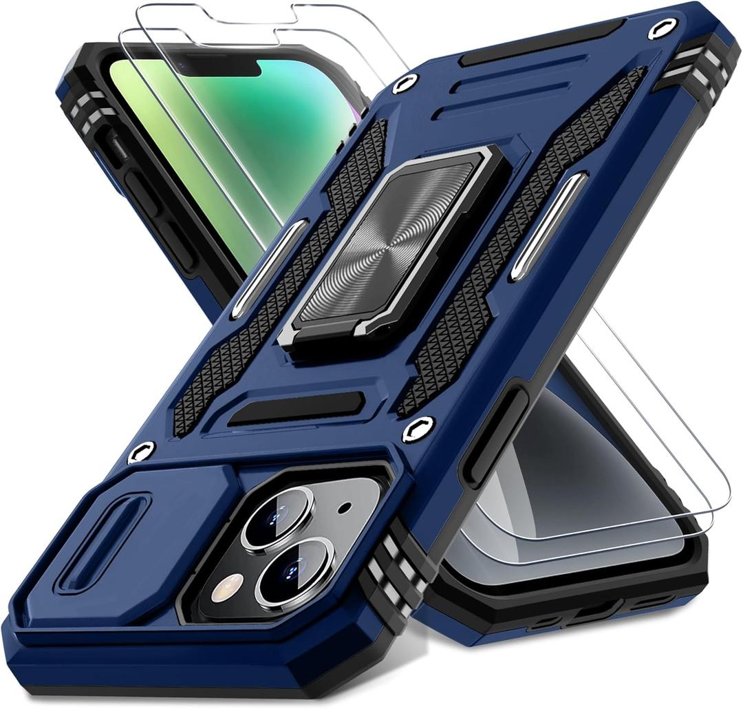 DEERLAMN Case for iPhone 13/iPhone 14 6.1-Inch with Slide Camera Cover+Screen Protector(2 Packs),Rotated Ring Kickstand Military Grade Shockproof Protective Cover-Navy Blue (for iP 13/14-6.1 Inch)