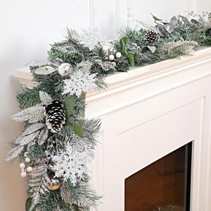 6 Feet Snow Flocked Christmas Garland for Mantle White Garland with Silver White Balls Snowflake Pine Cones for Fireplace Table Centerpiece Front Door Staircase Decoration (Silver,Green)
