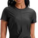 Satin Silk Women's Short Sleeve Shirts Round Neck Summer Causal Crop Tops Twist Front Tee T-Shirt Black Small