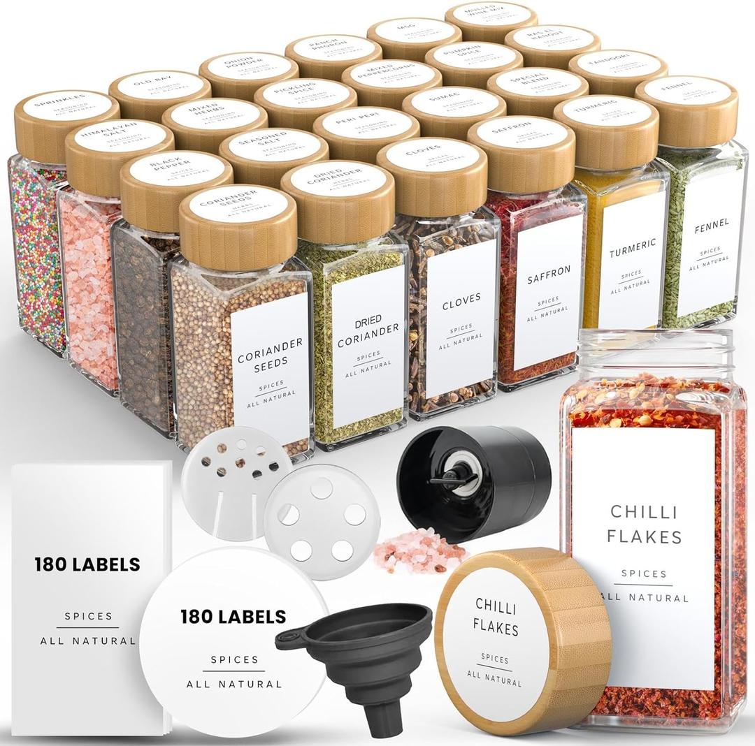 Glass Spice Jars with 360 Labels -24 pcs- 4oz- Spice Containers with Bamboo Lids -Shaker Lids- Pepper Grinder-Spice Organization for Cabinet-Drawer-Rack-Seasoning Organizer-Square bottles (Natural)