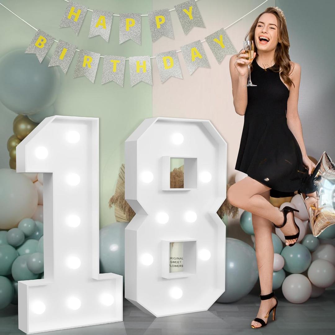 Marquee Numbers Large 18th-Birthday Decorations: 3ft Light Up Number 18 Birthday Decoration for Boy Girl 18 Year Old Teen Birthday Party Decor Backdrop Anniversary Cardboard Big Mosaic Number 18 (White)