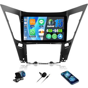 [4G+64G] Car Radio for Hyundai Sonata 2010-2015 with Wireless CarPlay Android Auto,9 inch Touchscreen Android 15 Car Stereo with WiFi,GPS Navigation,Bluetooth,FM/RDS SWC EQ+Backup Camera
