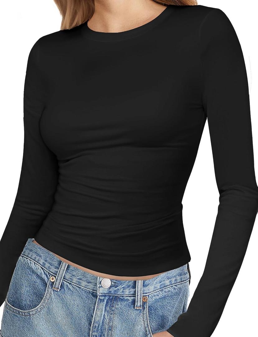 Womens Basic Casual Crop Top Summer Fall White Black Long Sleeves Slim Fit Tees Crew Neck T Shirts Plain Going Out Y2k Plain Cute Tops Tight Fitted Sexy Compression Trendy Clothes Baby Tee Shirts M1 (Brown)