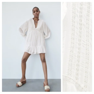 Zara White Viscose Mini Dress with Lace Insert. Size S