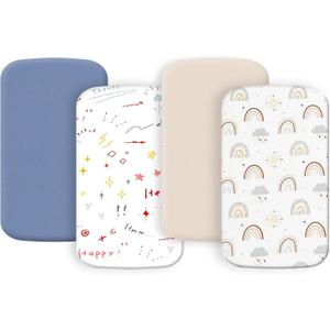 4 Pack Bassinet Sheets 21" x 35" Compatible with Amke, Ezebaby, Evolur Stellar and Mereryi Baby Bassinet, Soft and Skin-Friendly, Blue and Color Rainbow