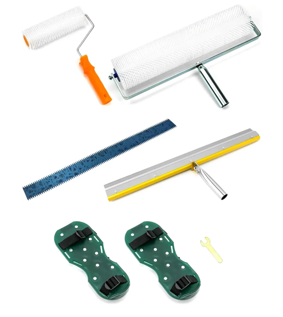 QWORK Self-Levelling Cement Tool Kit, Floor Construction Roller Spike Shoes, Epoxy Floor Paint Tool, Stainless Steel Scraper Self-Leveling Rake