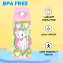 Girls Insulated Water Bottle with Covered Pop-Up Straw,16 oz Kids Cups with Stainless Steel Leak Proof for School Pink（Cat）