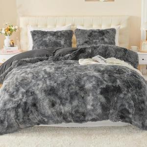 EMME Luxury Fuzzy Duvet Cover Set King Size 3 Pieces Fluffy Comforter Cover Set for King Bed Shaggy and Plush Soft Bedding Duvet Covers (Dark Grey, King) (10-furry-tie Dye Dark Grey)