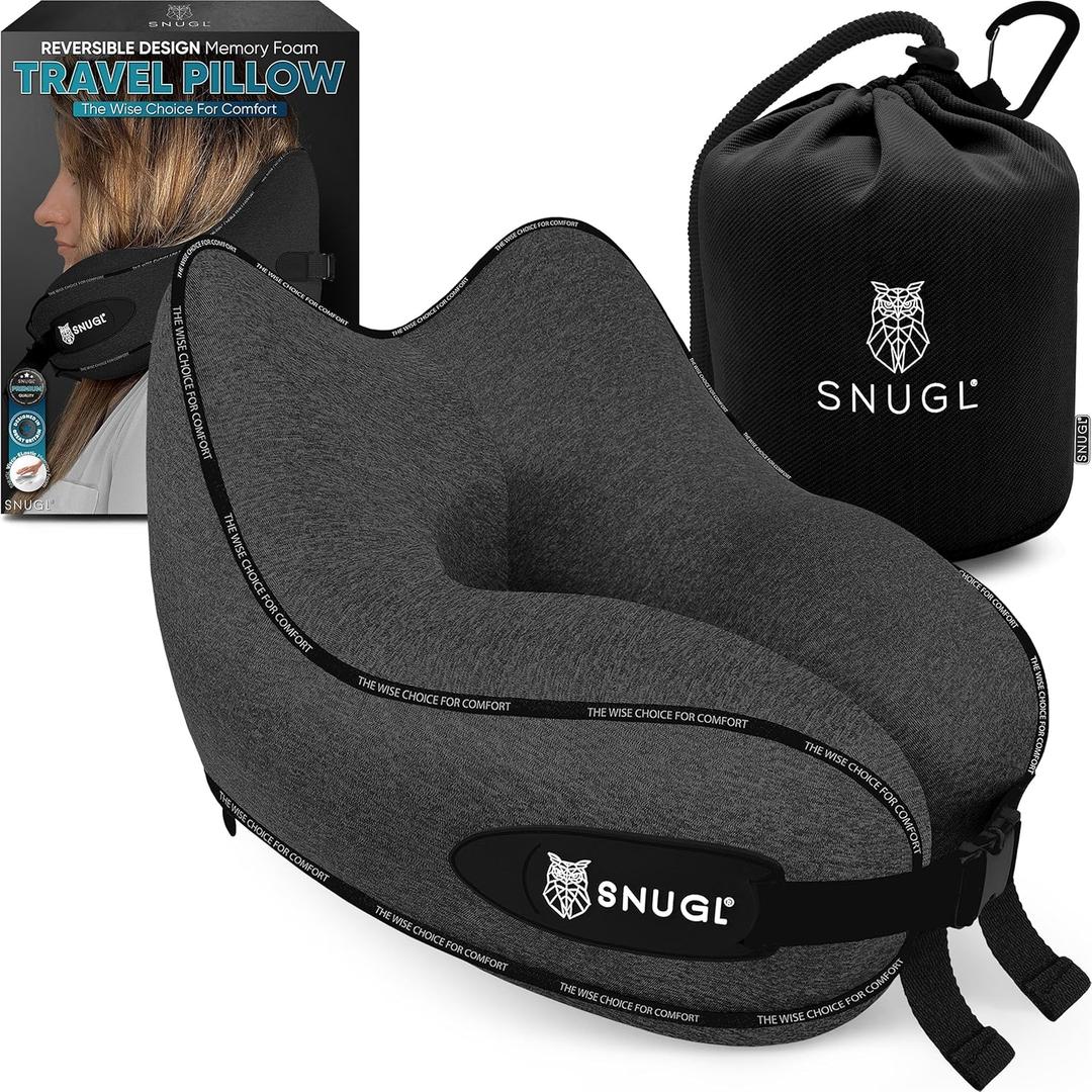 SNUGL Travel Pillow  Memory Foam Pillows - Neck Pillow for Airplane with Carry Bag & Clip  Neck Support Pillows for Pain Relief - Airplane Travel Essentials (Adult Regular - Dark Grey)