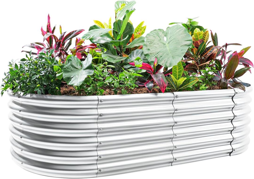 Land Guard 4x2x1.5ft Galvanized Raised Garden Bed Kit, Galvanized Planter Garden Boxes Outdoor, Oval Large Metal Raised Garden Bed for Vegetables (Classic Silver