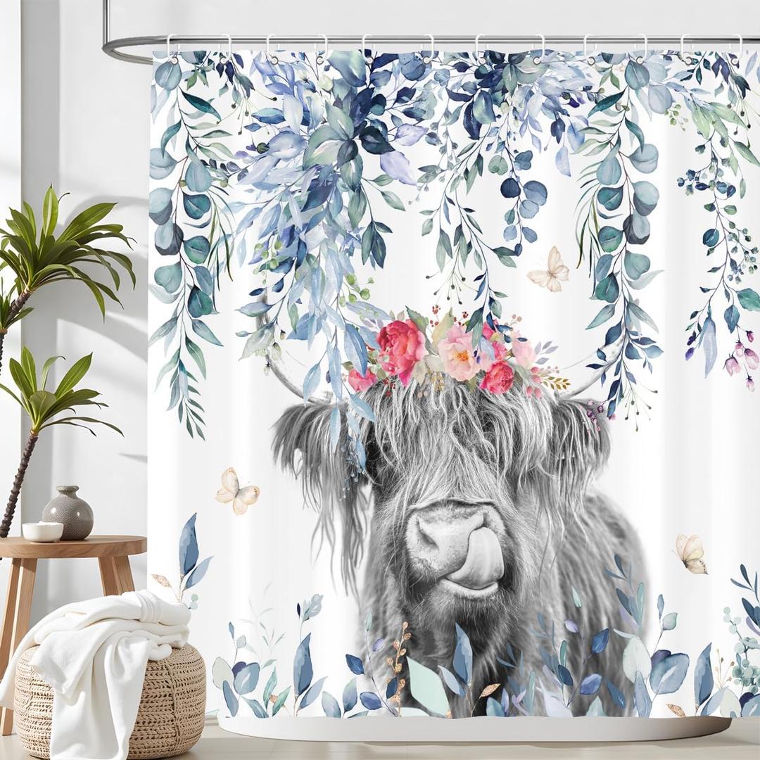 Blue Eucalyptus Highland Cow Shower Curtain Watercolor Floral Leaves Cattle Plants Botanical Bathroom Decor Waterproof Fabric Cloth 72Lx72W Inch with 12PCS Hooks