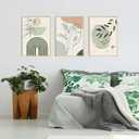 Esejchiam 3pcs Abstract Boho Style Wall Art Green Plant Canvas Prints Poster Pictures Simple Geometric Lines Beige Green Paintings Decoration for Living Room Bathroom Bedroom Wall Decor Unframed