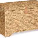 Handwoven Storage Basket with Lid, 178L Wicker Storage Bin, Natural Water Hyacinth, Leather Buckle & Metal Frame, Metal Ring Handles for Easy Transport, Storage Chest & Trunk for Bedroom, Living Room