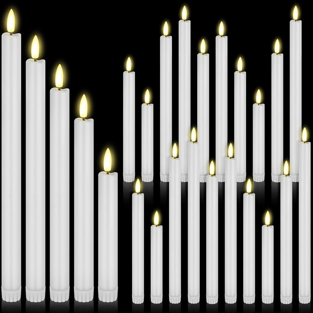 20 Pcs Flameless LED Taper Candles Battery Operated Taper Candles 5 Sizes of 6.5'', 7.7'', 8.8'', 10.0'', 11.2'' Flameless Candlesticks Flickering with 3D Flame for Wedding (White)