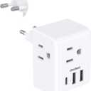 1 Pack European Travel Plug Adapter, Italy Spain Power Plug Adapter with 3 Outlets 3 USB Charging Ports(1 USB C), Type C Plug Adapter Travel Essentials to Most Europe EU Spain Italy France Germany