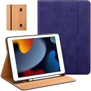 for iPad 9th / 8th / 7th Generation (2021/2020/2019) 10.2 Inch Case, Multi-Angle Viewing Stand Folio Cover with Pencil Holder and Pocket, Built-in Hand Strap, Auto Sleep Wake, Dark Blue