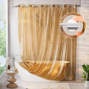 AmazerBath No Hook Shower Curtain and Liner 3-in-1, 8G Luxury Heavy Duty Clear Orange No Hook Shower Curtain Liner, 72x75 Cute EVA Bathroom Weighted Plastic Shower Curtain with 3 Heavyweight Stones (Rainbow Sunset)
