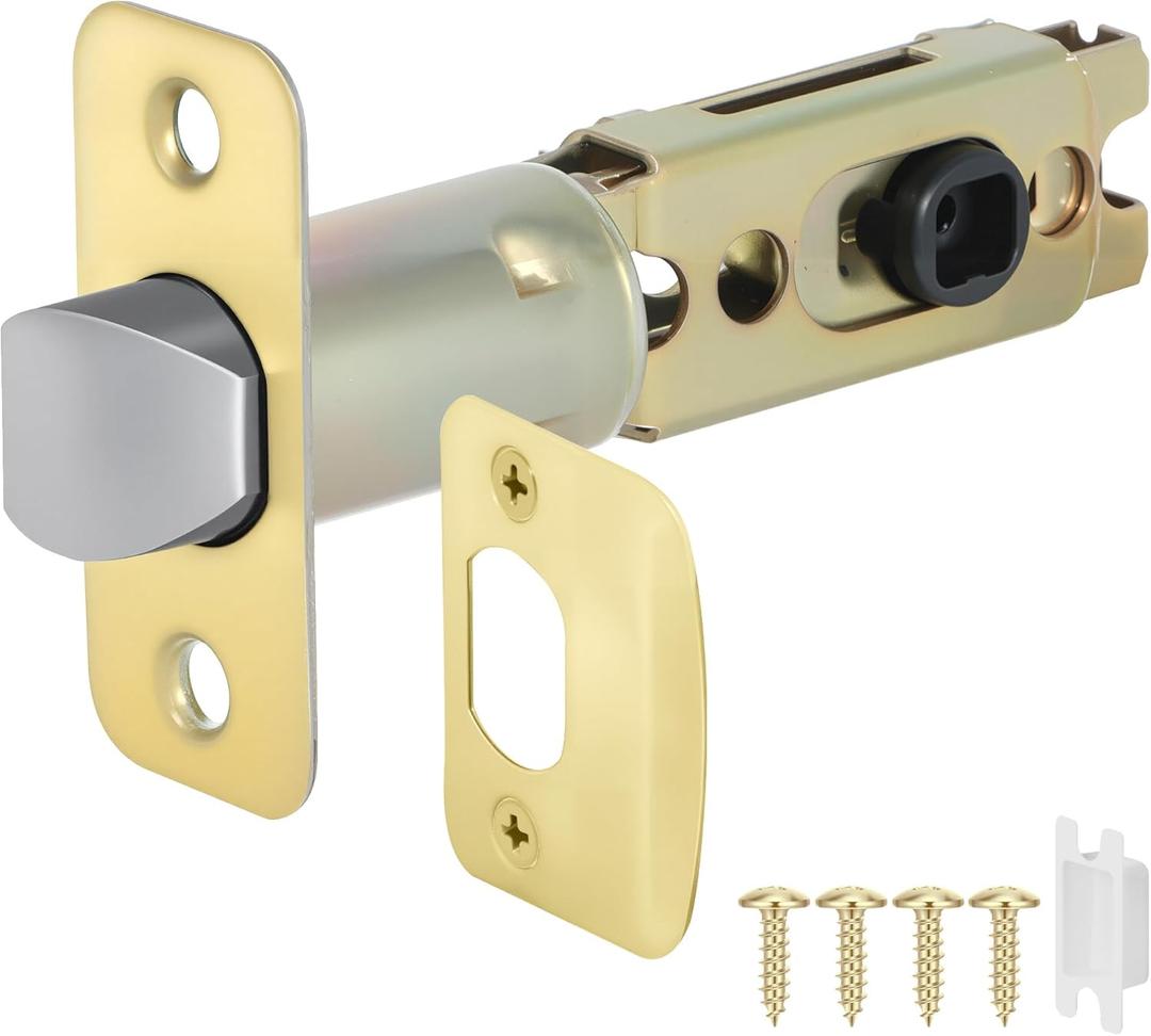 1 Pack Brushed Gold Door Latch Replacement, 45Turning Angle Door Lock Replacement Parts, 2-3/8'' or 2-3/4'' Adjustable Backset Deadlatch, Stainless Steel Round Corner Lock Parts