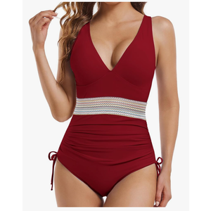 Buauty Women's One Piece Swimsuits Tummy Control Bathing Suits for Womens Color Block Drawstring V Neck Slimming Swimwear, Size Large